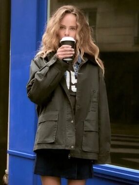 ZARA Olive Green Waxed Cotton Jacket with Brown Corduroy Collar - M